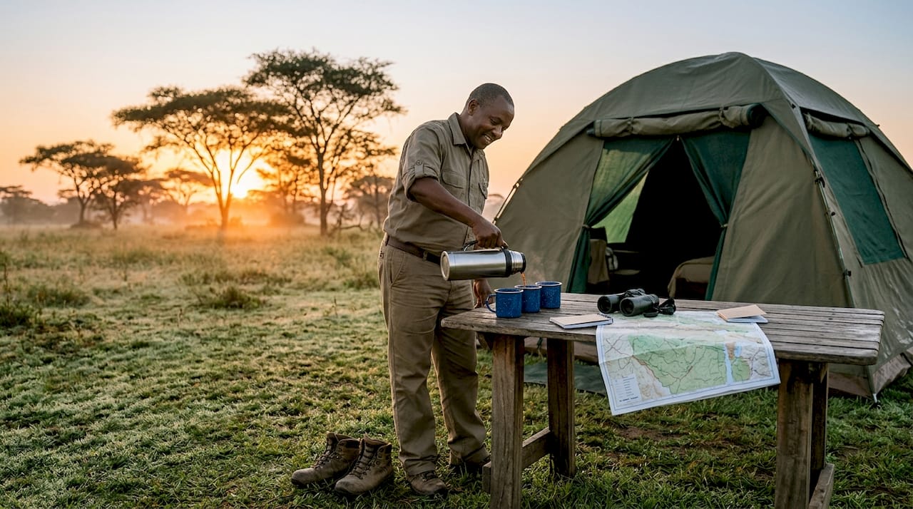 Safari guide prepares morning coffee at tent