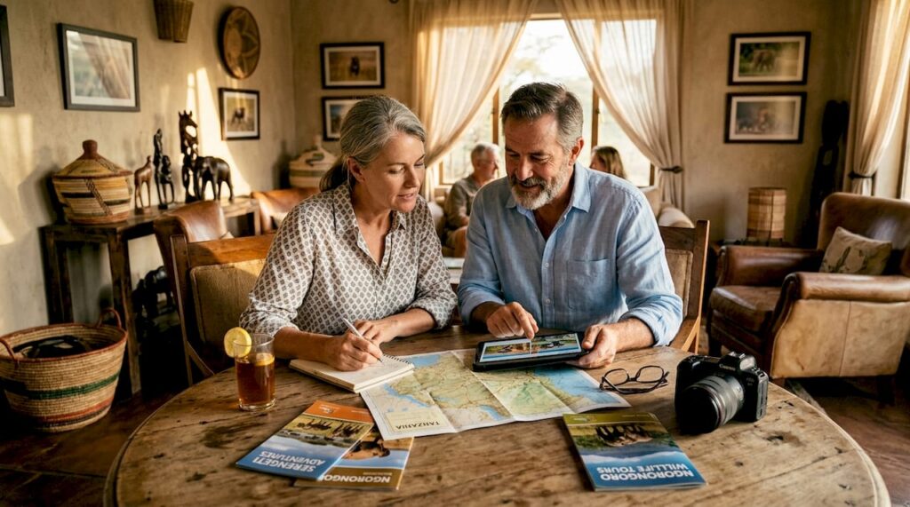 Couple planning Tanzania safari at lounge table 