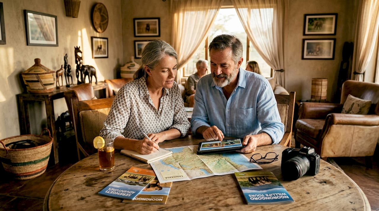 Couple planning Tanzania safari at lounge table