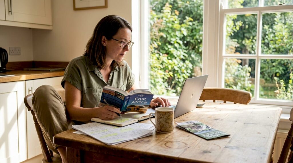 Woman planning safari at kitchen table deciding to choose Kenya vs Tanzania wildlife tours