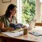 Woman planning safari at kitchen table